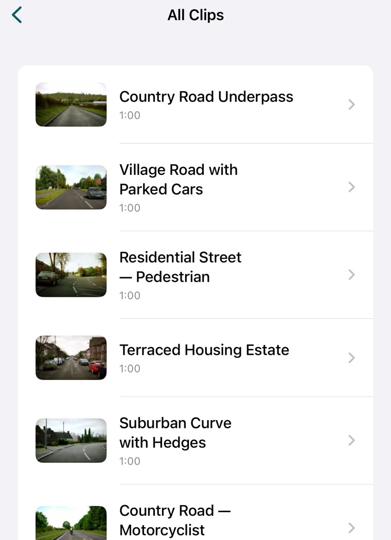 The hazard perception clip library with thumbnails of different road scenarios