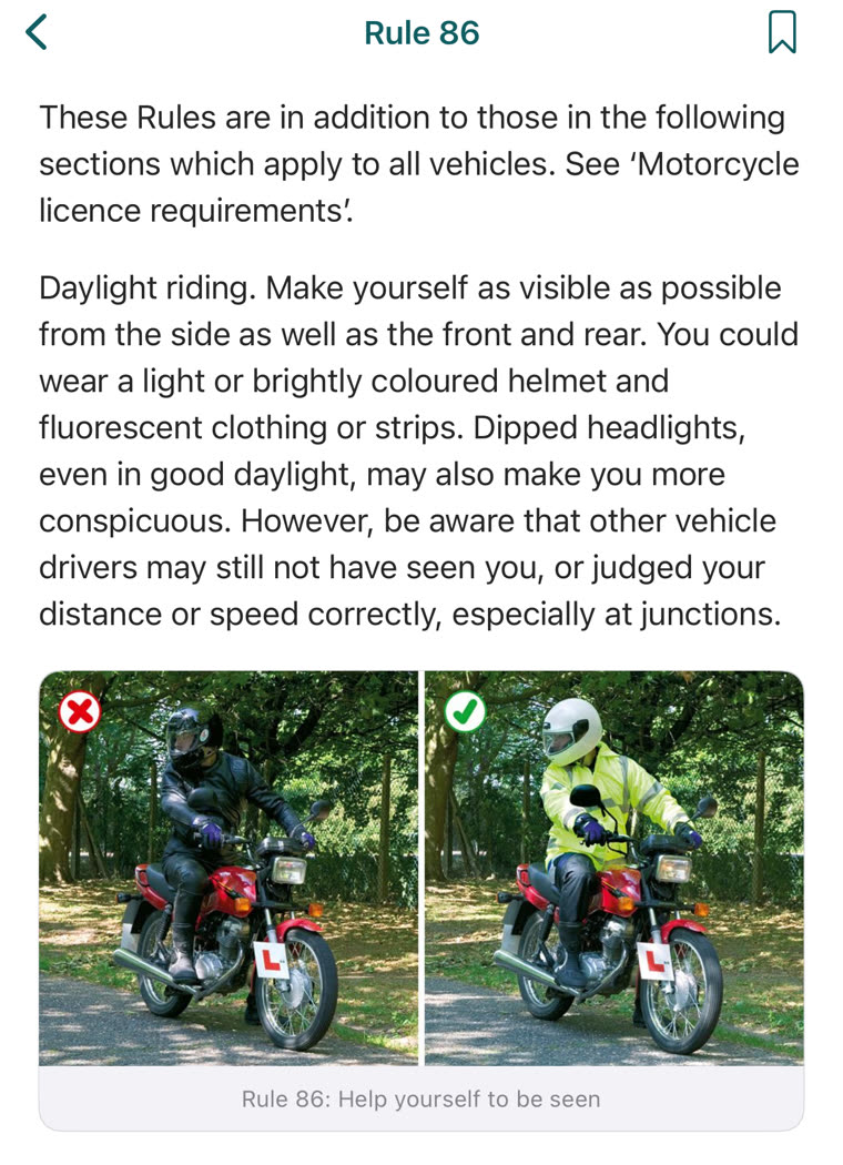 A Highway Code rule shown with its official right-and-wrong illustrations