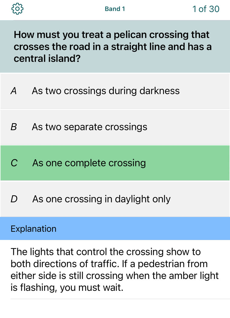 A Band 1 practice question with the correct answer highlighted and an explanation