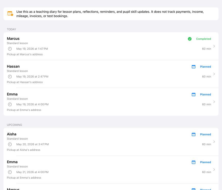 The Lesson Diary showing today’s and upcoming lessons with completed and planned status