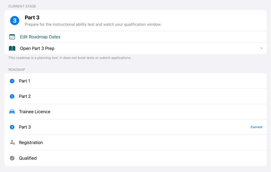 ADI qualification roadmap screen showing the six qualification stages and the current stage