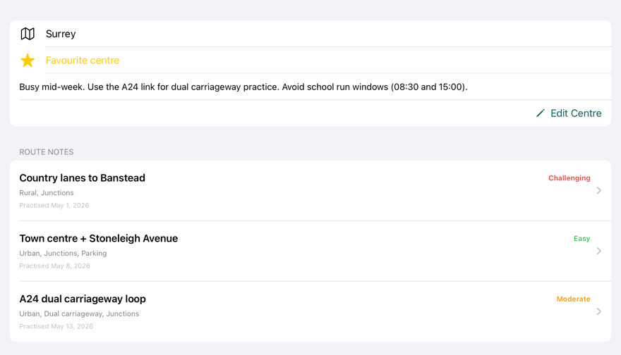 A test centre with route notes tagged Easy, Moderate and Challenging by road type