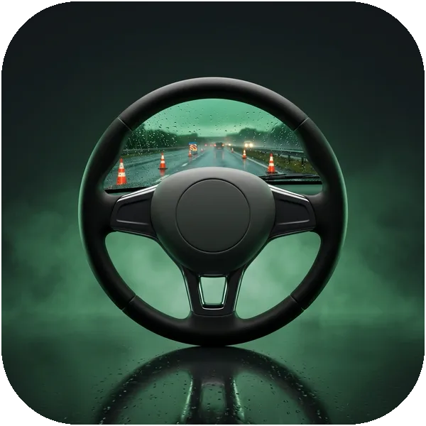 Hazard Perception tile: a steering wheel framing a wet road with cones