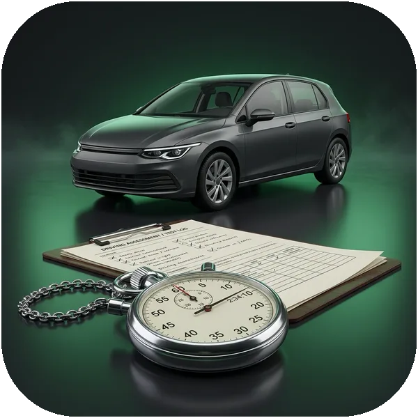 Mock Test tile: a stopwatch and answer sheet in front of a car