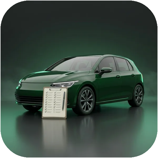 Practice tile: a green hatchback beside a checklist clipboard