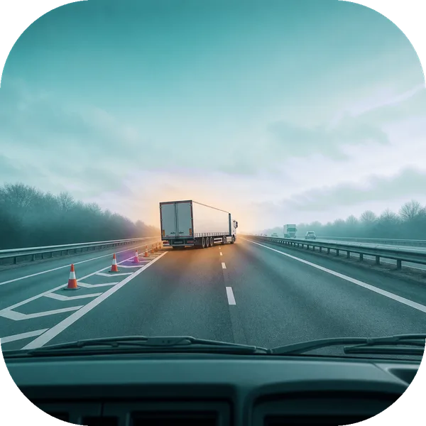 Hazard Perception tile: a view from a lorry cab down a motorway with a stopped trailer ahead