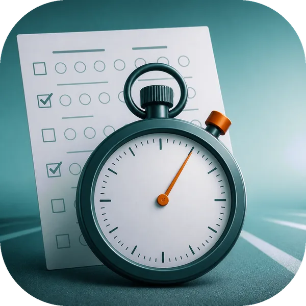 Mock Test tile: a stopwatch in front of an answer sheet