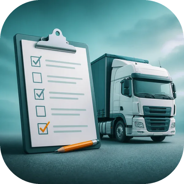 Practice tile: a teal articulated lorry beside a checklist clipboard
