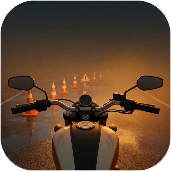 Hazard Perception tile: a rider’s view over the handlebars towards cones on the road