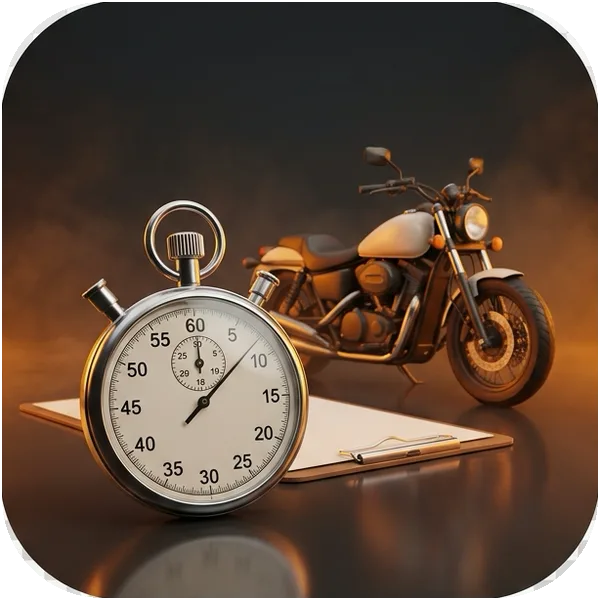 Mock Test tile: a stopwatch and answer sheet in front of a motorcycle