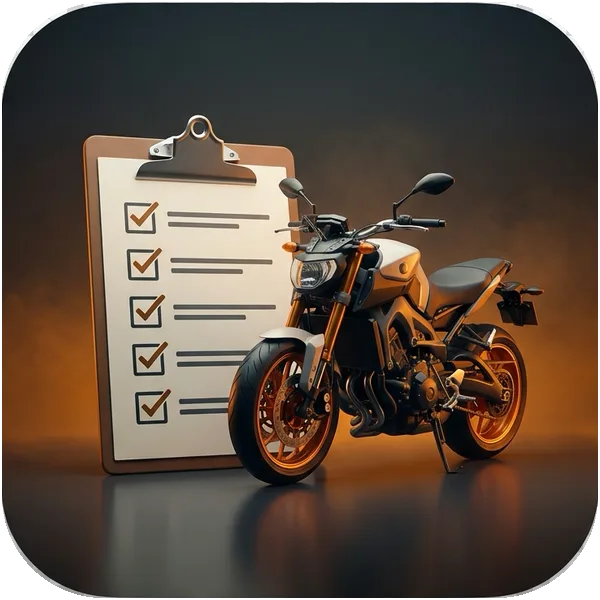 Practice tile: a motorcycle beside a checklist clipboard