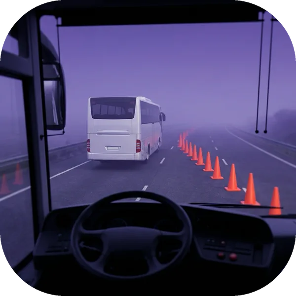 Hazard Perception tile: a view from a bus cab towards cones on a misty road