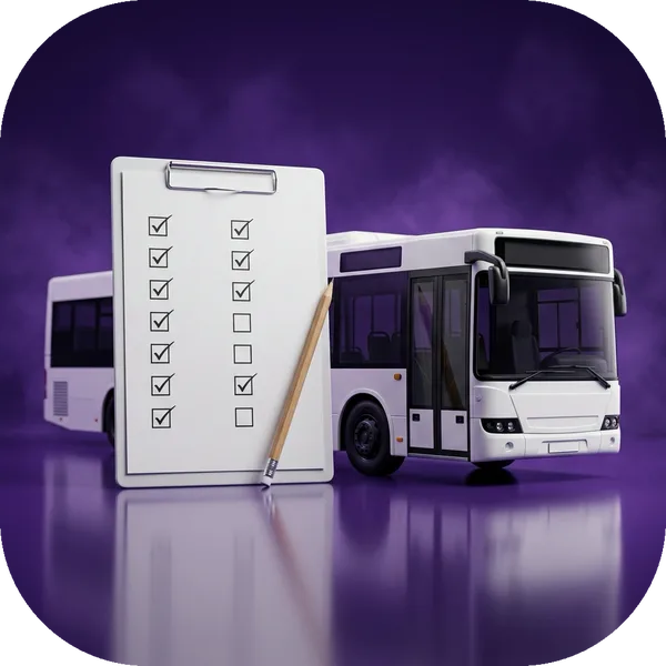 Practice tile: a single-deck bus beside a checklist clipboard