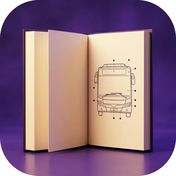 Study tile: an open book with a line drawing of a bus