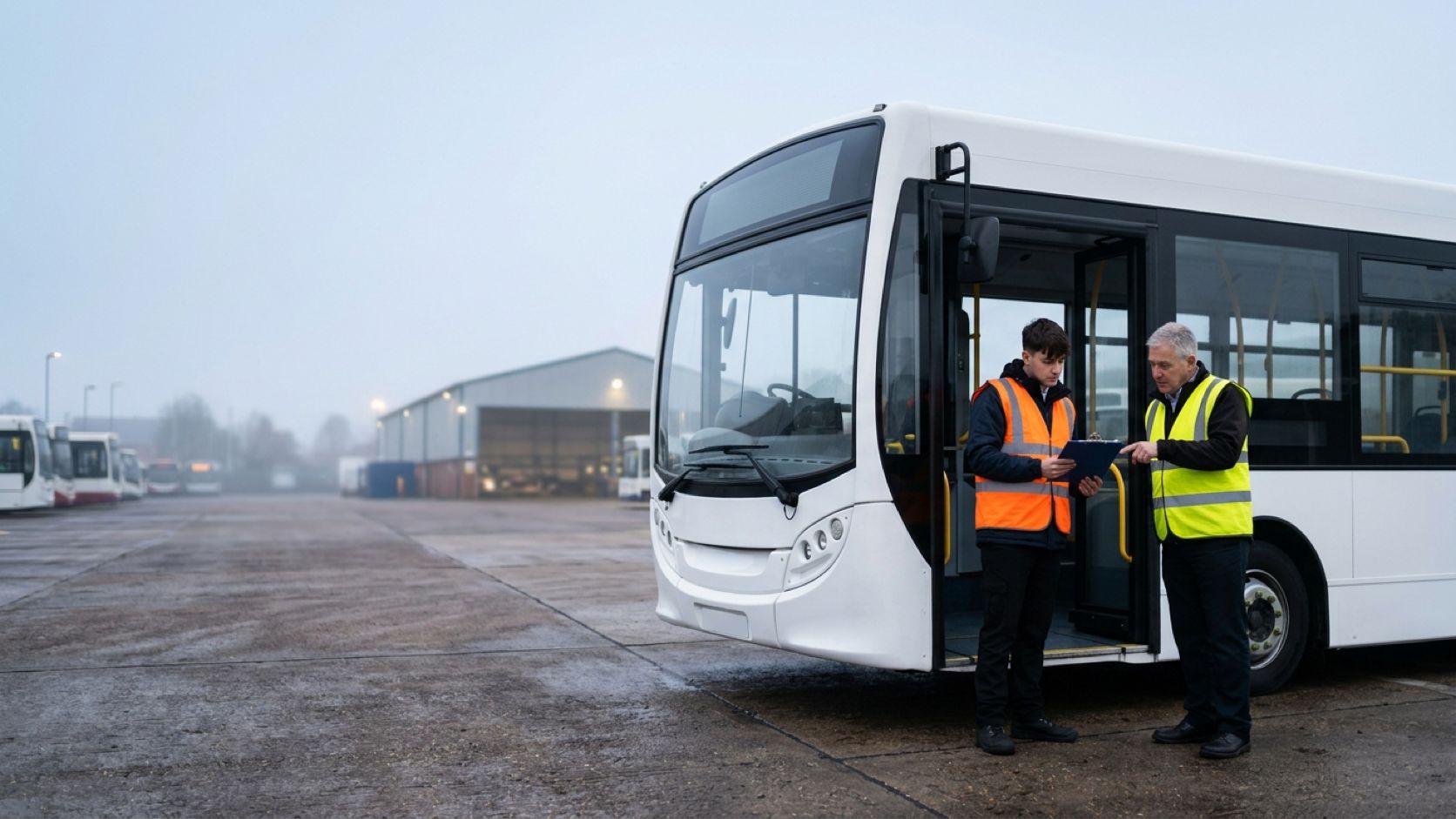 Trainee bus driver and instructor reviewing a checklist beside a single-deck bus at the depot
