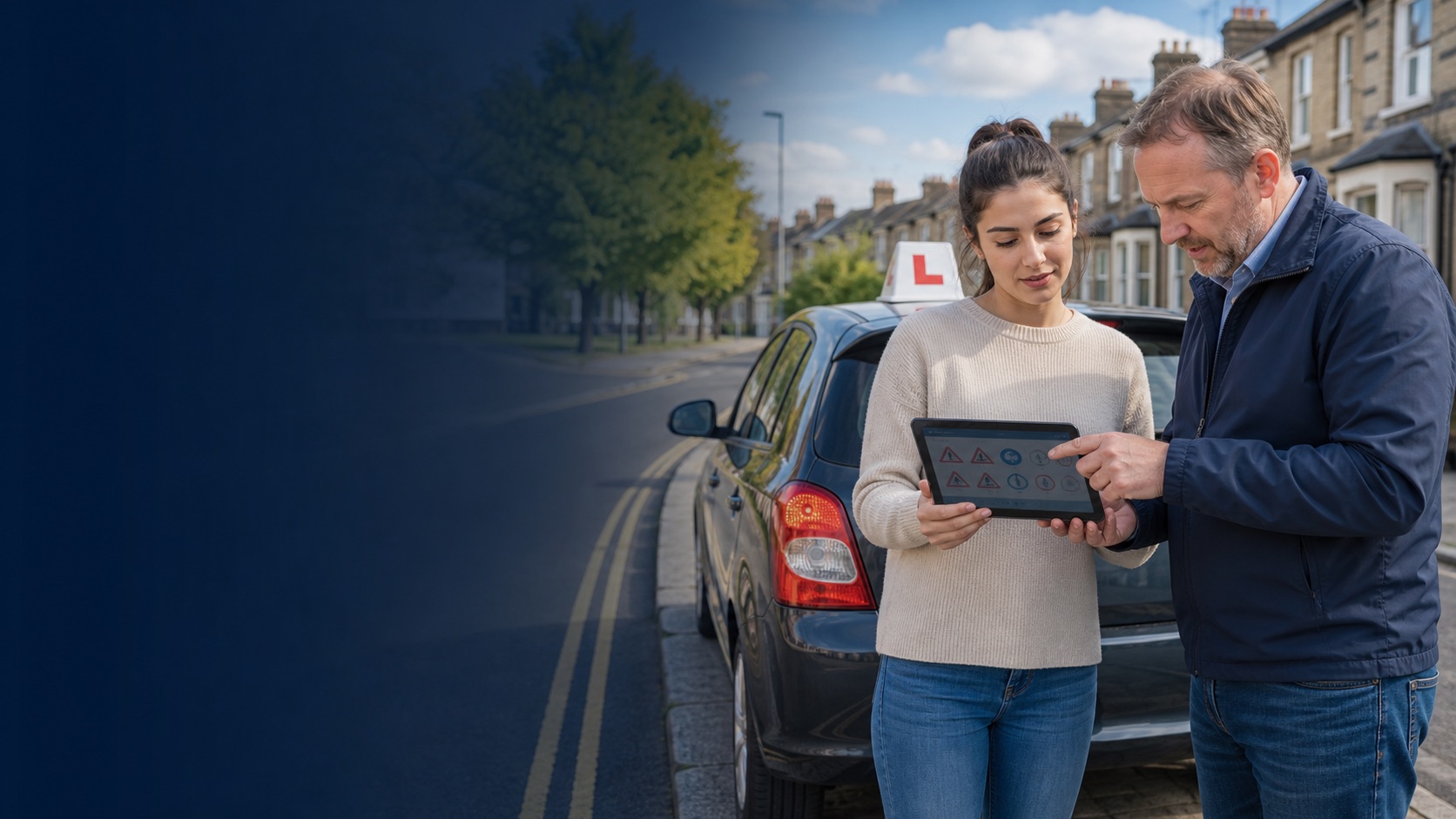 Learner driver and instructor reviewing theory questions beside a parked learner car