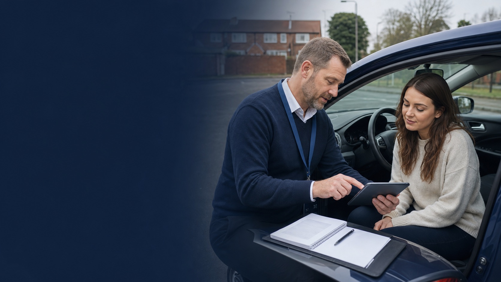 Driving instructor coaching a learner beside a parked training car