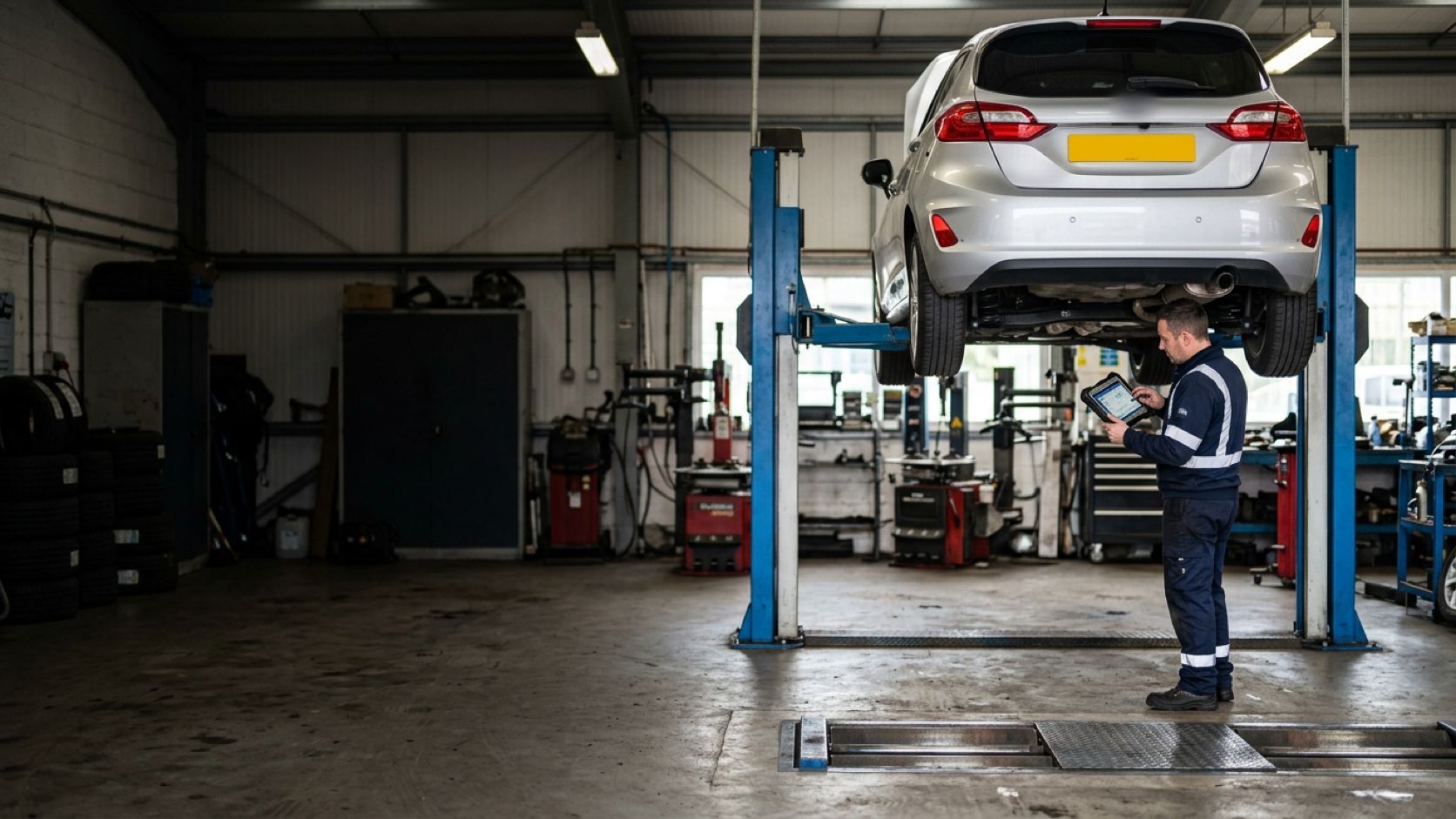MOT tester with a tablet inspecting the underside of a car raised on a vehicle lift