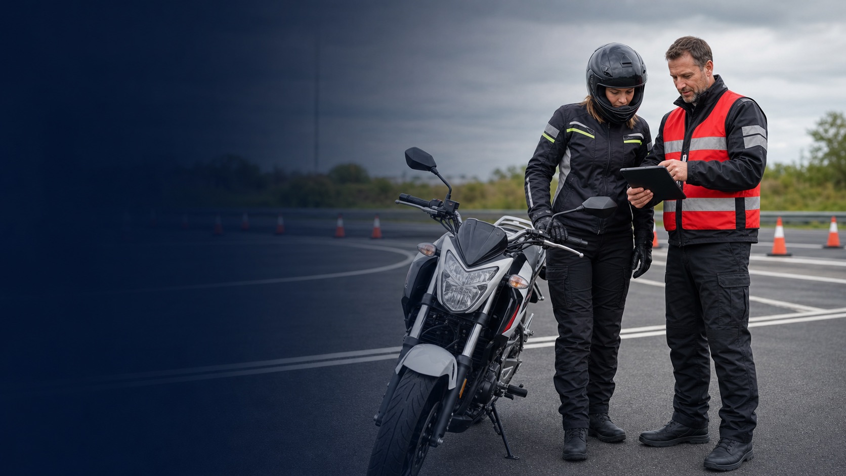Motorcycle learner and instructor reviewing training notes beside a parked motorcycle