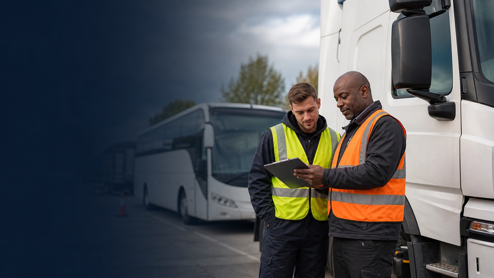 Professional driver trainee reviewing theory preparation beside a parked commercial vehicle
