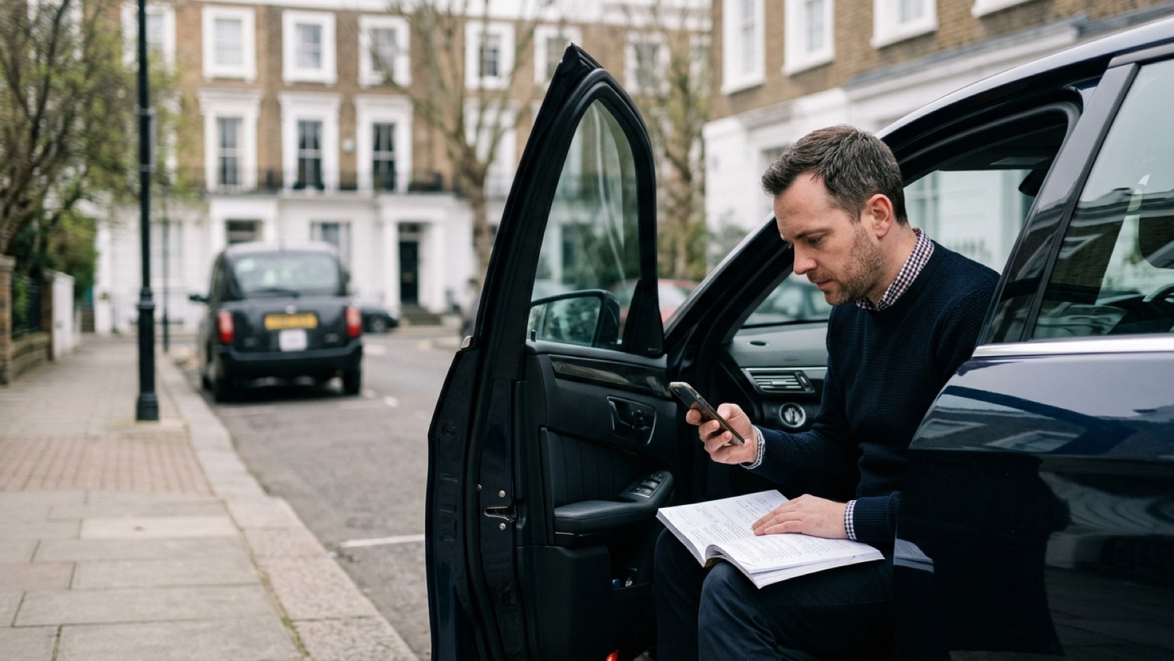 Driver revising with a smartphone and an open handbook in the front seat of a car parked on a London street, with a black cab behind